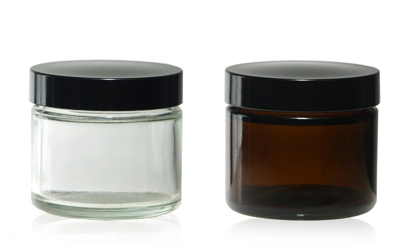 2 OZ STRAIGHT SIDED GLASS JAR, BOROSILICATE GLASS WITH BLACK SMOOTH CAPS - Image 1 of 1