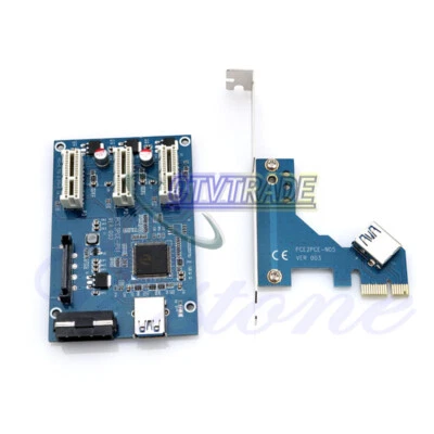 One New PCI-e Express 1X to 3 Port 1X Switch Multiplier HUB Riser Card+USB Cable - Image 1 of 3