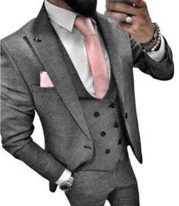 Designer Business Grau Weiß Muster Herrenanzug Sakko Weste Tailliert Slim Fit 48 - Bild 1 von 4