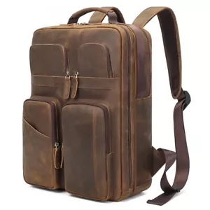 Men Vintage Leather Backpack Crazy Horse Leather 15.6'' Laptop Travel Backpack - Picture 1 of 13