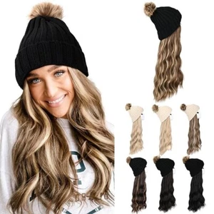 Black Knit Beanie with Light Brown & Med Blonde Hair Attached, Women's Hat Wig - Picture 1 of 6