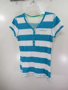 Justice Top Size 20 Girls Blue White Striped Buttons Pocket Short Sleeve - Picture 1 of 4