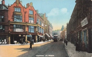 Markt St. Wigan mit Straßenbahn topographische Postkarte unbespielt 1920er Jahre - Bild 1 von 2