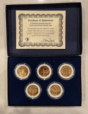 Set of 5  Morgan Mint Statehood Quarters 1999 Inaugural Edition 24K Gold Plated  - Image 1 of 4