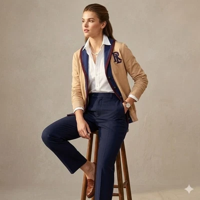 Ralph Lauren Cárdigan Universitario Suéter Beige RL Monograma Chal Cuello Para Mujer M Foto 1 de 4