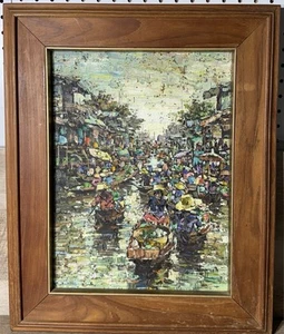 Vintage European Oil Painting On Canvas Thai Canal Market Signed Framed Vibrant - Picture 1 of 13