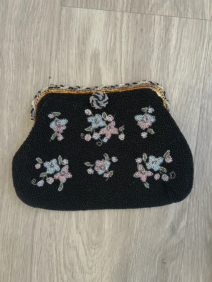 Bolso sin asas floral con cuentas negras hecho en Francia glamour noche formal delicado Foto 1 de 4