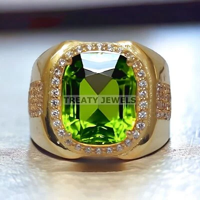 Corte cojín de peridoto con anillo chapado en oro de plata de ley 925 para hombre #884 * Foto 1 de 4