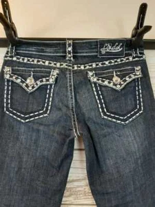  LA Idol USA Womens Denim Jeans Size 7 Blue Rhinestones Flap Pockets Straight   - Picture 1 of 5