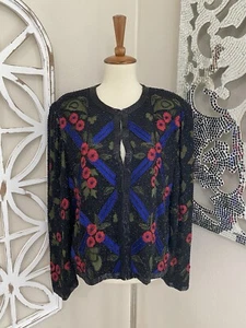 VTG SCALA xlarge FLORAL EMBROIDERY BEADED SILK LONG SLEEVE PARTY JACKET - Picture 1 of 6