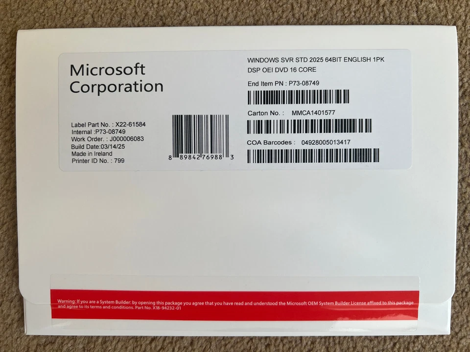 Windows Server 2025 Standard 16 Core 64Bit English OEI DVD - Brand New Sealed - Image 1 of 1