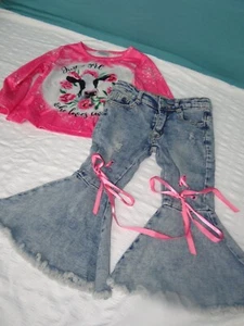 2 Piece Girls Outfit Cow Shirt Pink & Bell Bottom Flare Britches Size XS - Picture 1 of 4