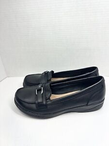 Clarks Collection Womens Buckle Black Leather Slip On Loafer Shoes Size 7.5