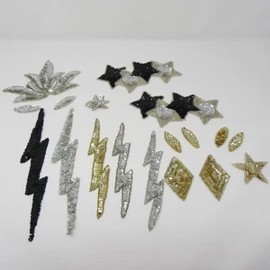 Sequin Applique Lot of 18 Gold Silver Black Lightning Flower Diamond Stars Vtg - Picture 1 of 20