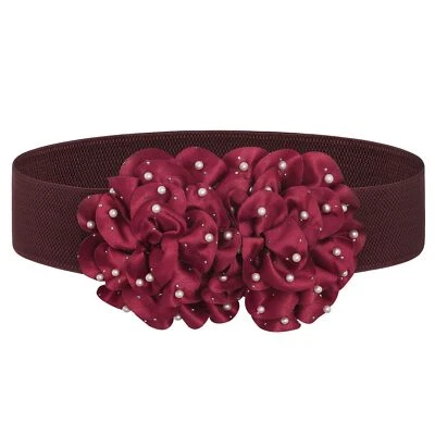 Cinturón ancho elástico con flores elástico cinturón de cintura de perlas elegante accesorio de joyería superior Foto 1 de 4