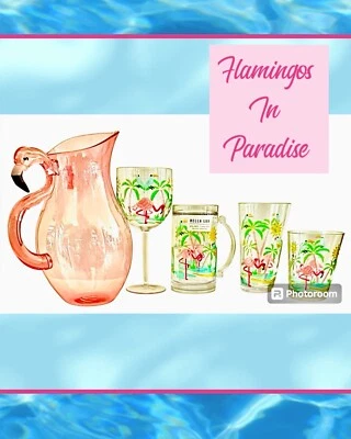 Bella Lux FLAMINGOS IN PARADISE Acrylic Drinkware Sets-4 Sizes  & Pitcher NEW - Image 1 of 4
