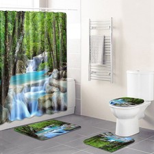 2X(3D Nature Scenery Bathroom Set Shower Curtain Toilet Lid Cover Bath Mat  M9O2