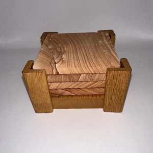 5 pc Coaster Set Cut Sand Stone Cork Back Teak Wood Holder Barware 3 3/4" VTG - Picture 1 of 7
