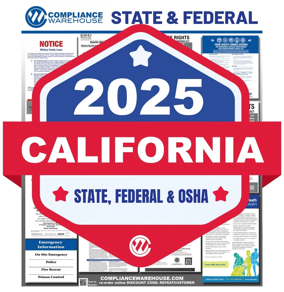 COMPLIANCE WAREHOUSE 2025 California CA State/Fed Labor Law All In1 Compliance Poster Paper/Laminated