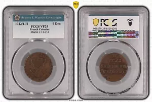 1722/1-H French Colonies 9 DENIERS *Louis XV* PCGS VF25 *19 Known* FREE SHIP!!! - Picture 1 of 10