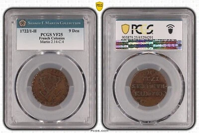 1722/1-H French Colonies 9 DENIERS *Louis XV* PCGS VF25 *19 Known* FREE SHIP!!! - Image 1 of 4