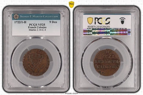 1722/1-H French Colonies 9 DENIERS *Louis XV* PCGS VF25 *19 Known* FAST SHIP!!! Cover