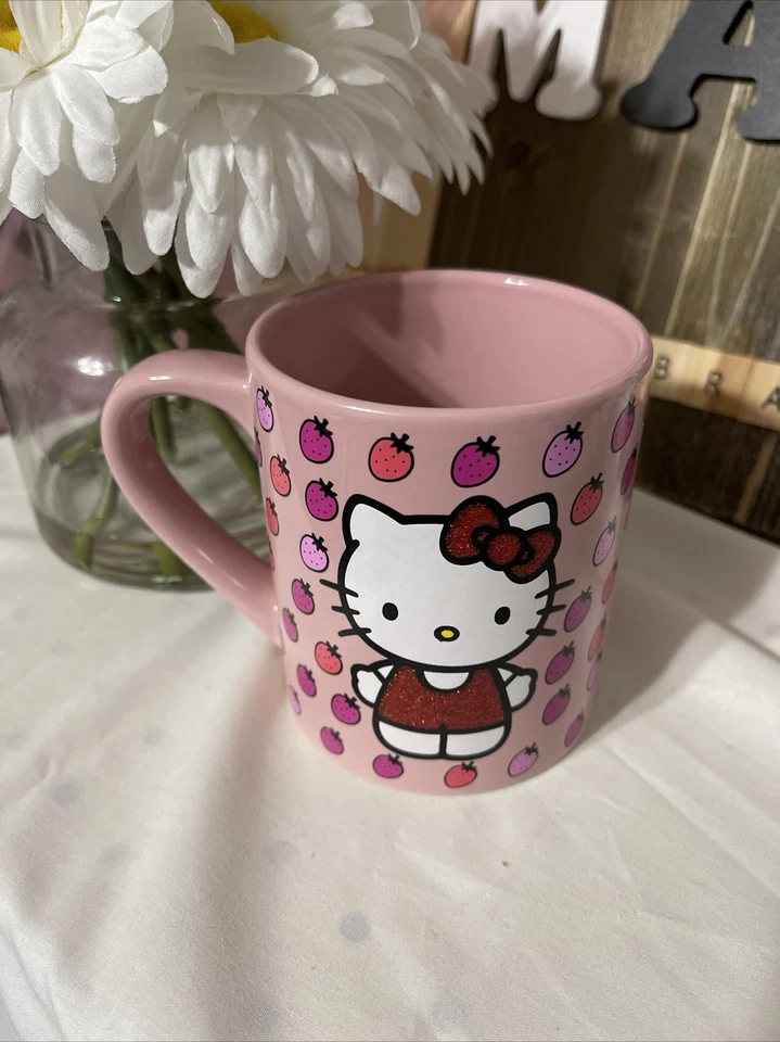 Sanrio Hello Kitty Pink Strawberry Glittery Ceramic Mug Holds 14 Oz SPARKLES