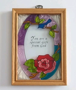 Suncatcher Stained Glass Rose Artistic Gifts Handcrafted Hangs Wood Frame 'Gift' - Picture 1 of 12