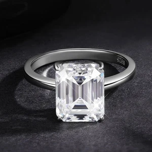 4ct Emerald Cut Moissanite Solitaire Engagement Ring 18K White Gold Plated - Picture 1 of 8