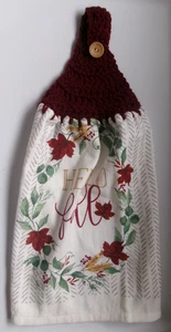 MAROON Yarn Crochet Top AUTUMN HELLO FALL Print Cotton Kitchen Towel - Picture 1 of 2