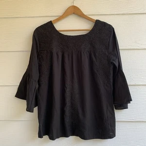 J Marie schwarzes besticktes Top Bluse Baumwolle 3/4 Schlagärmel - Bild 1 von 9