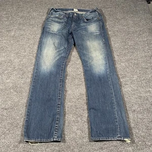 True Religion Straight Leg Faded Blue Denim Jeans Mens 34x33 Stiched Embroidered - Picture 1 of 12