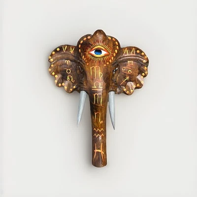 Máscara de pared de elefante de madera tallada a mano 15,5” X 14” decoración del tercer ojo del zodiaco Foto 1 de 4