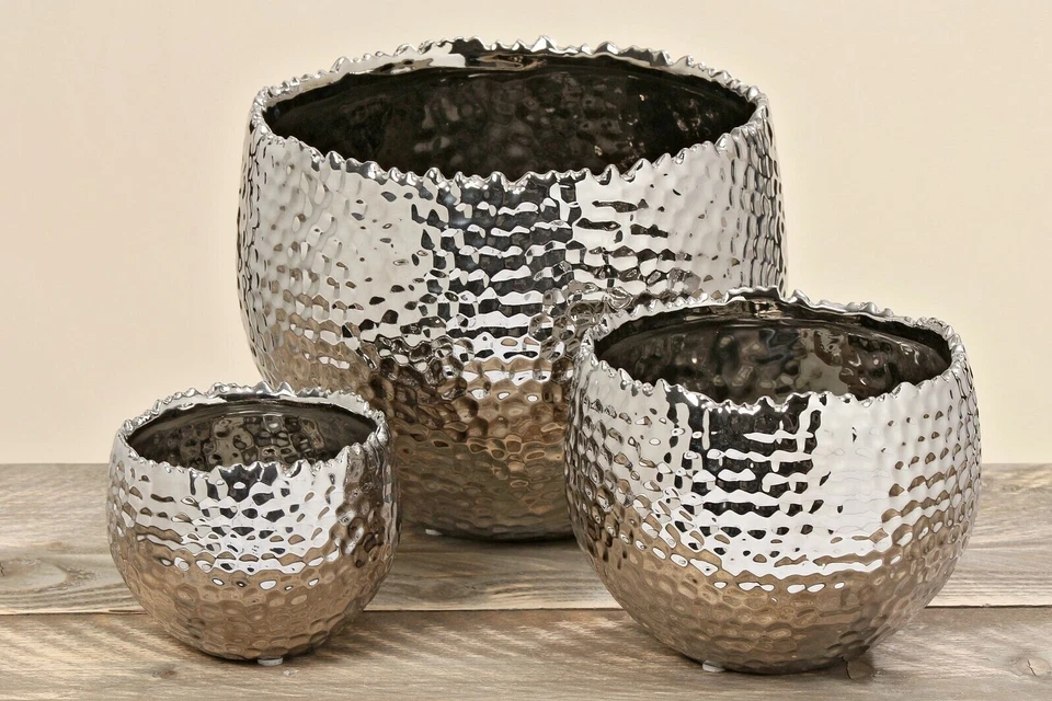 Pflanztopf Blumentopf Übertopf Steingut silber 3er Set - Bild 1 von 1