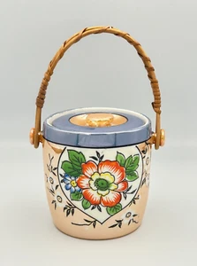 Painted Floral Ceramic Wicker Handled Basket Jar Made in Japan - Picture 1 of 16