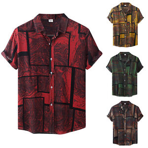 Men Long Sleeve Fashion Shirt Men's Casual Geometric Printed Shirt Short Sleeve