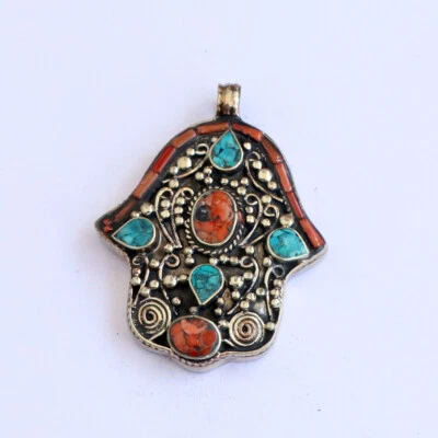 Colgante Nepalí Hecho a Mano Flor Forma Turquesa Coral Tradicional .925 Joyería Foto 1 de 4