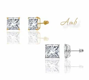 14k Yellow & White Gold Square Princess Cubic Zirconia Screw back Stud Earrings - Picture 1 of 64