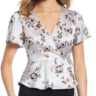 ASTR The Label Wrap Around Tie Front Top Short Flutter Sleeve Pale Blue Womens S - Image 1 of 4