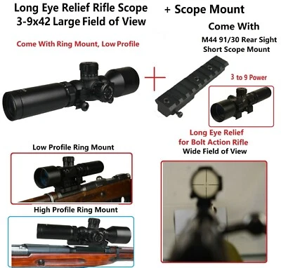 Wide Angle 3-9x42 Long Eye Relief W Mosin Nagant M44 M91/30 M38 Top Scope Mount - Image 1 of 4
