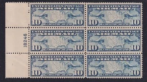 1926 AIRMAIL Sc C7 10c blue MNH XF flat plate block of 6 full original gum (A3 - Picture 1 of 2