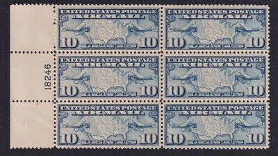 1926 AIRMAIL Sc C7 10c blue MNH XF flat plate block of 6 full original gum (A3 - Image 1 of 2