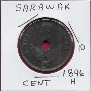 SARAWAK,BRITISH PROTECTORATE 1 CENT 1896-H HEAD LEFT ABOVE HOLE IN CENTER,CROSSE - Picture 1 of 2