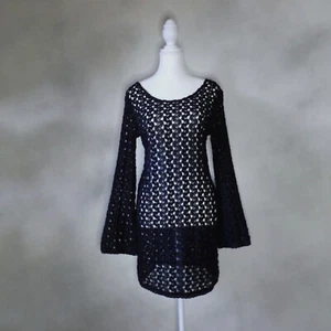 PORTMANS Mini Dress Womens XS Black Crochet Long Bell Sleeve - Picture 1 of 7