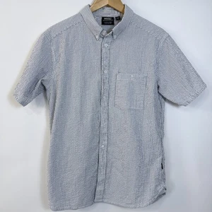 WeSC Oden Seersucker Shirt Mens M Womens L Gray White Striped Lightweight Cotton - Picture 1 of 8