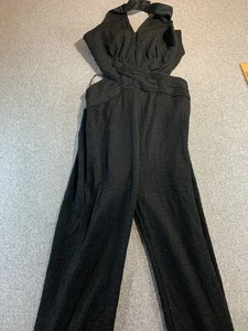 Fashion Nova Kori Jumpsuit Women's Large Black Textured Smocked Cutout Back NWT - Picture 1 of 7