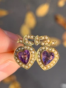 Herzring 9 kt Gold Amethyst Saatperle viktorianisch - Bild 1 von 8