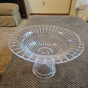 Vtg Ribbed Clear Glass Block Compote Pedestal Bowl 6x8" Candy Nuts Cookies Chips - Picture 1 of 10