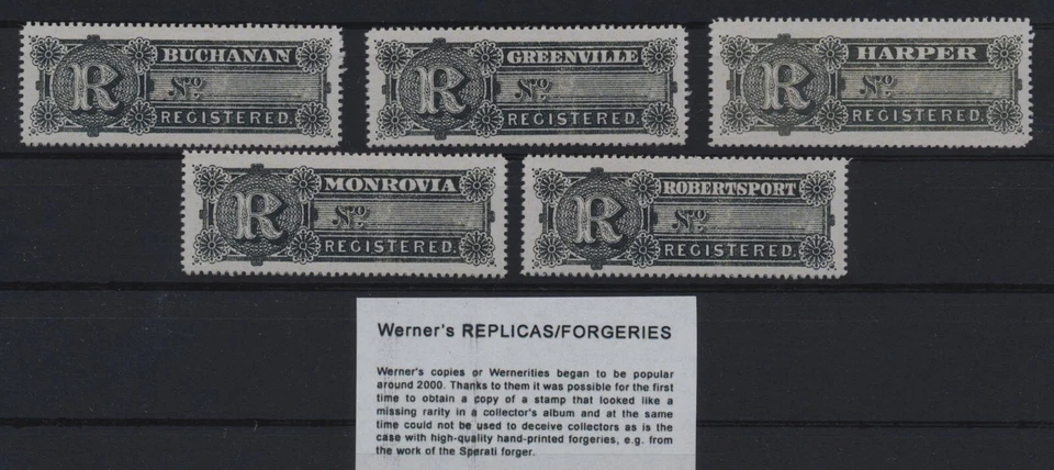 FALSIFICACIÓN - FALSIFICACIÓN/RÉPLICA de Liberia de Werner, 1893 (10¢) negro reg. emisión Foto 1 de 1