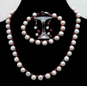7-8mm Round Side Drilled Natural White Pearl Necklace Bracelet Earring Set Coral - Picture 1 of 8